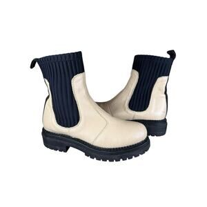 Anthropologie Cream Leather Chelsea Boots Size 6 Chunky Ribbed Ankle Booties